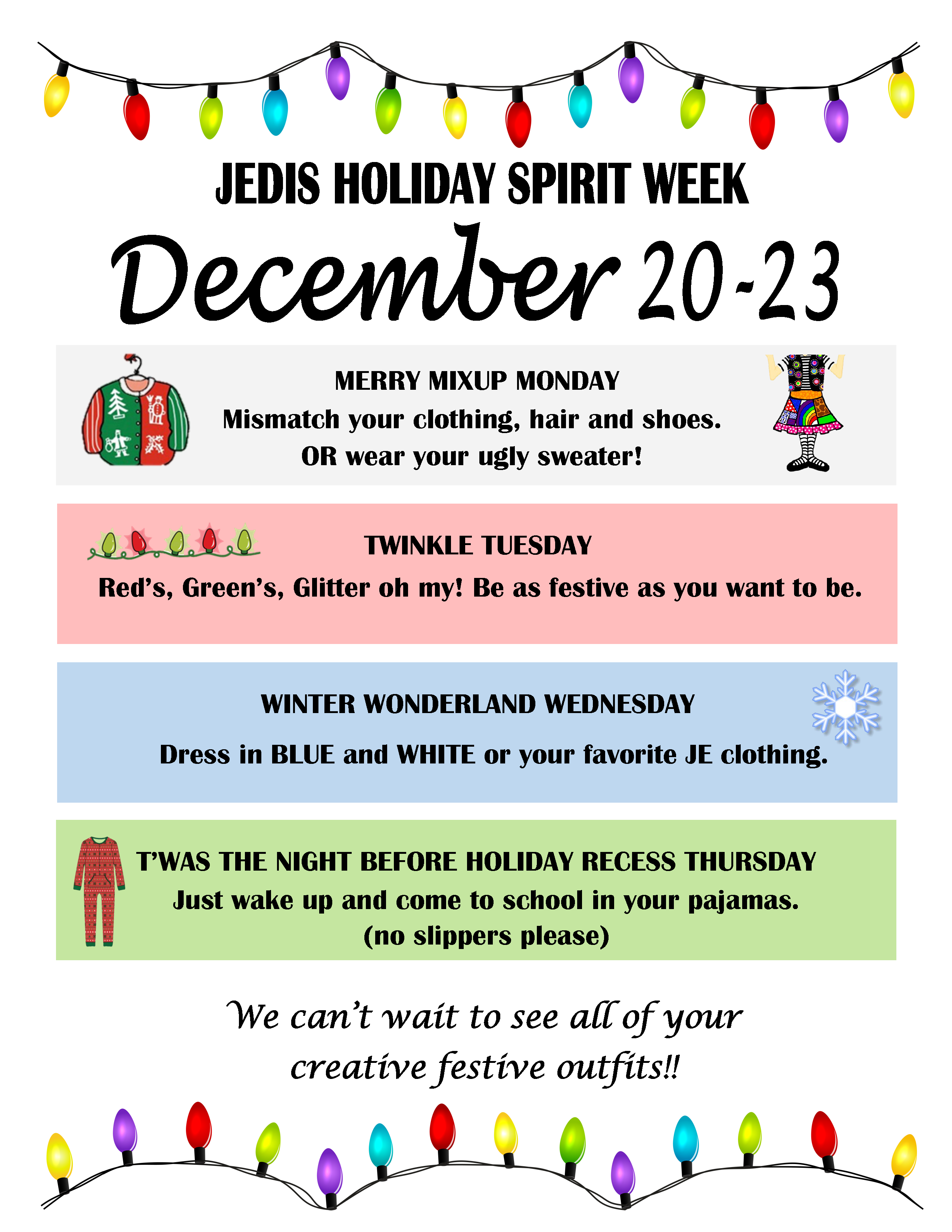 JEDIS Holiday Spirit Week Schedule