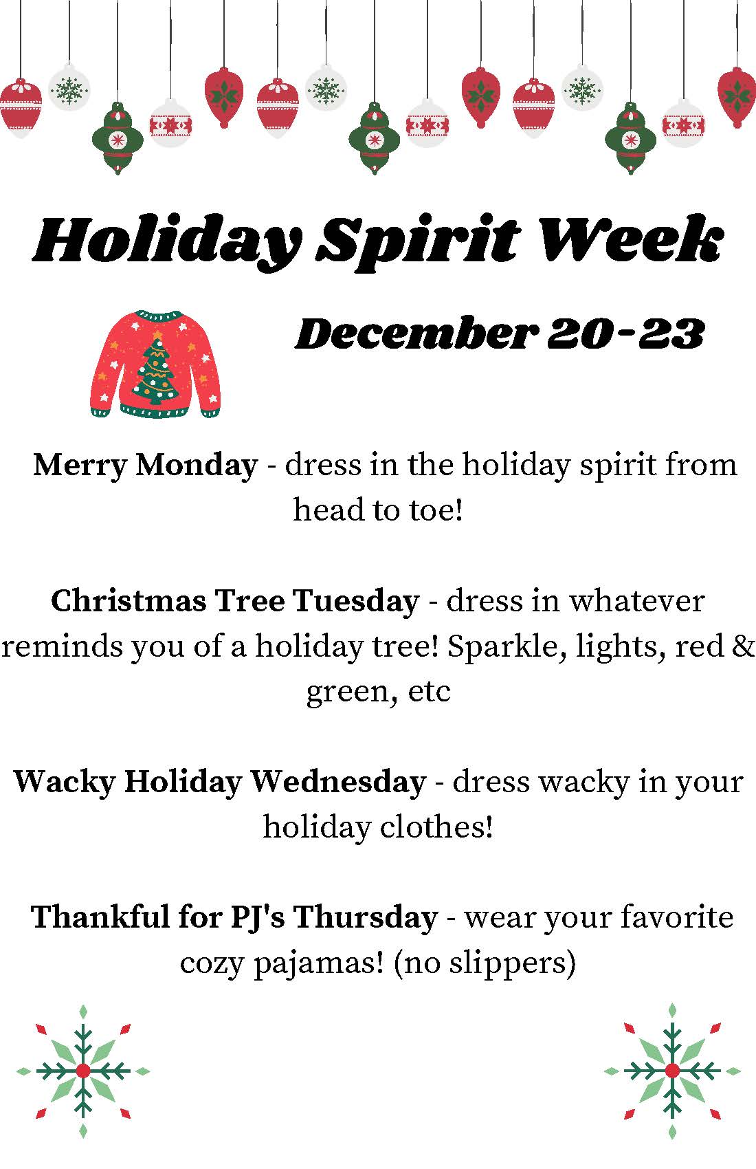 EE Holiday Spirit Week Schedule