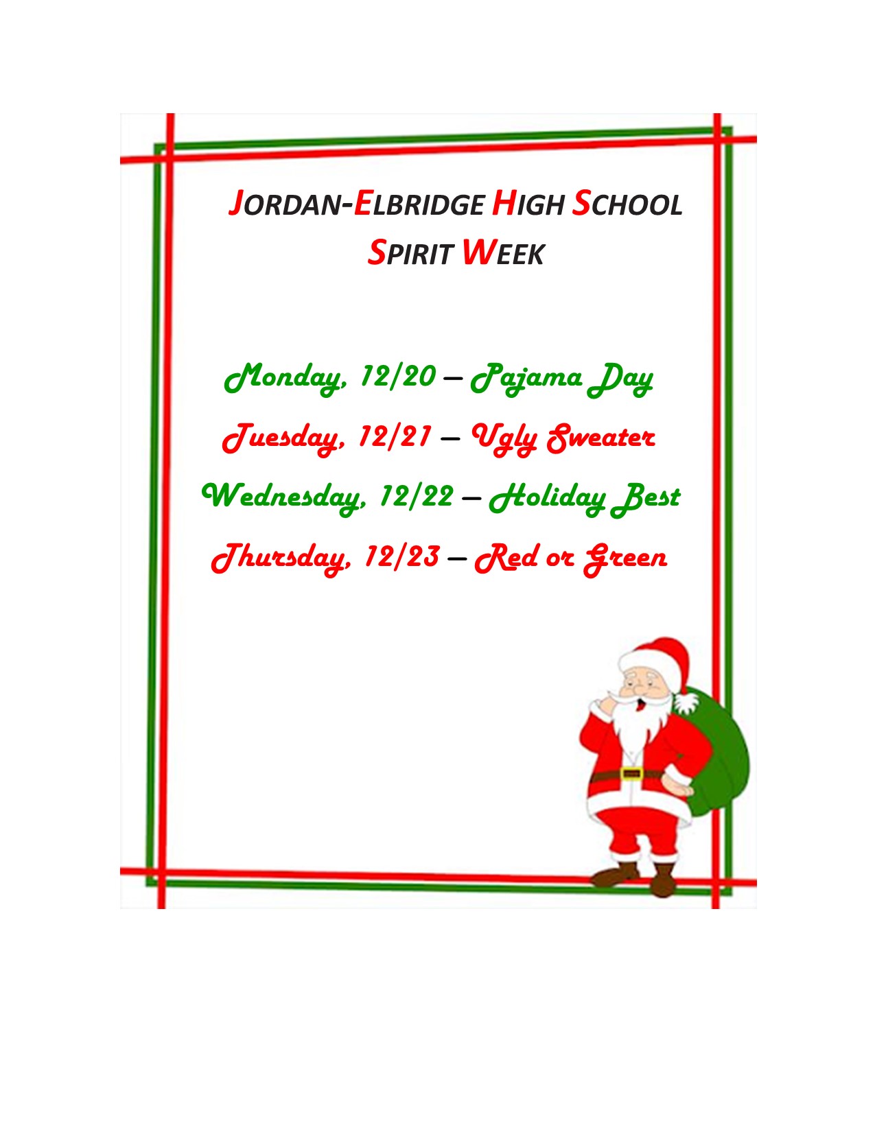 JEHS Holiday Spirit Week Schedule
