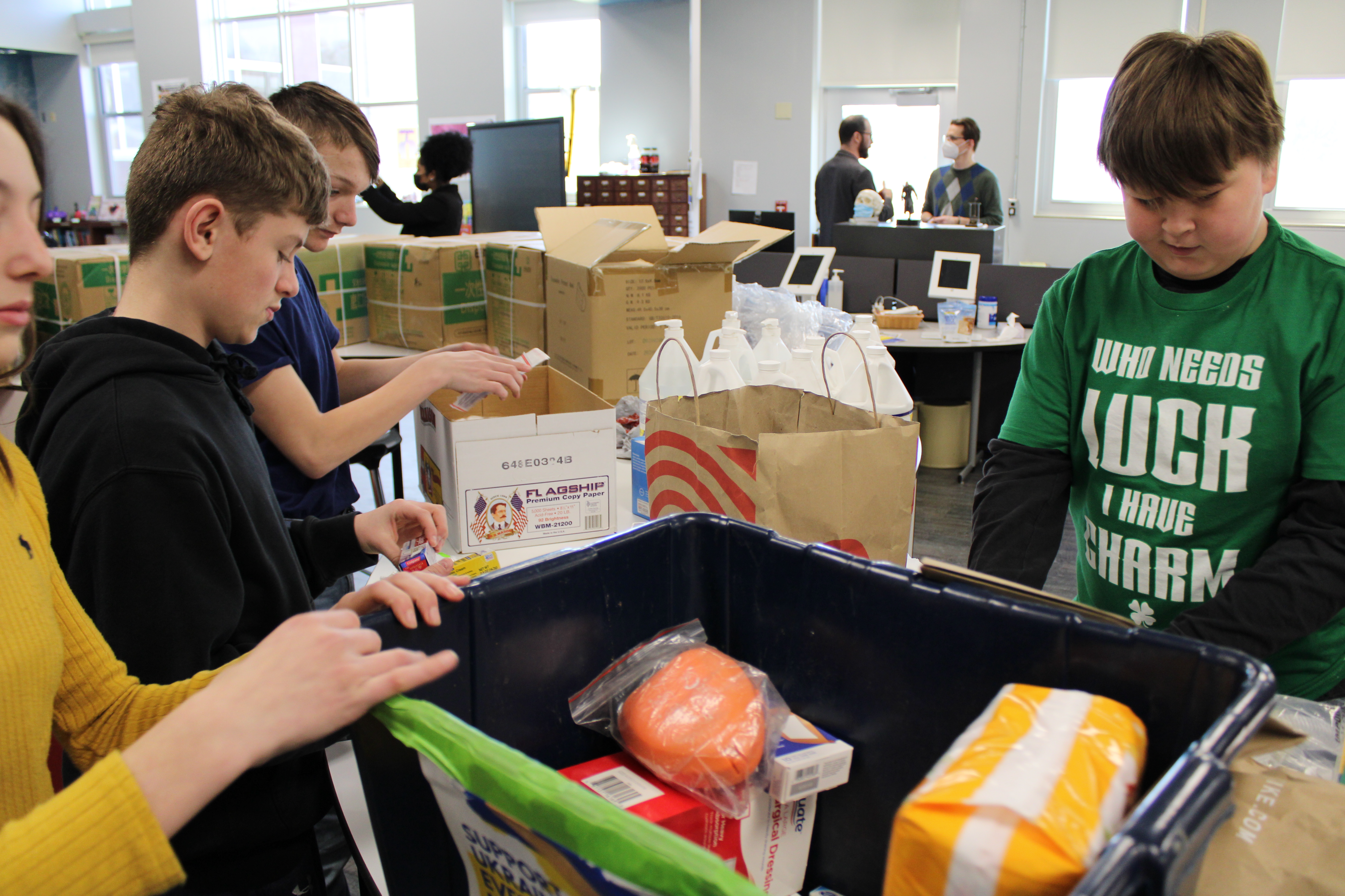 JEMS students organize donated medical items that will be sent to Ukraine