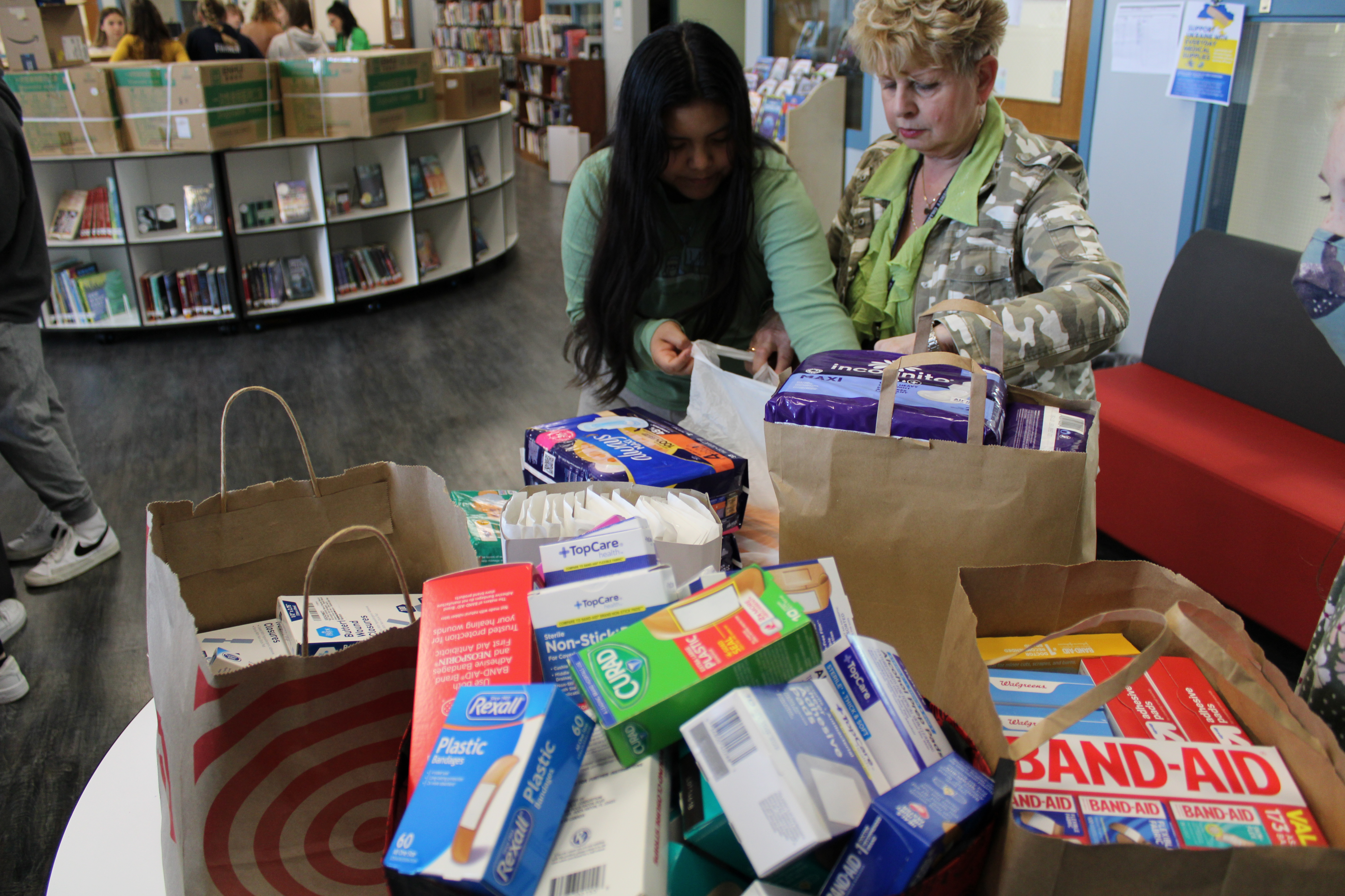 JEMS students organize donated medical items that will be sent to Ukraine