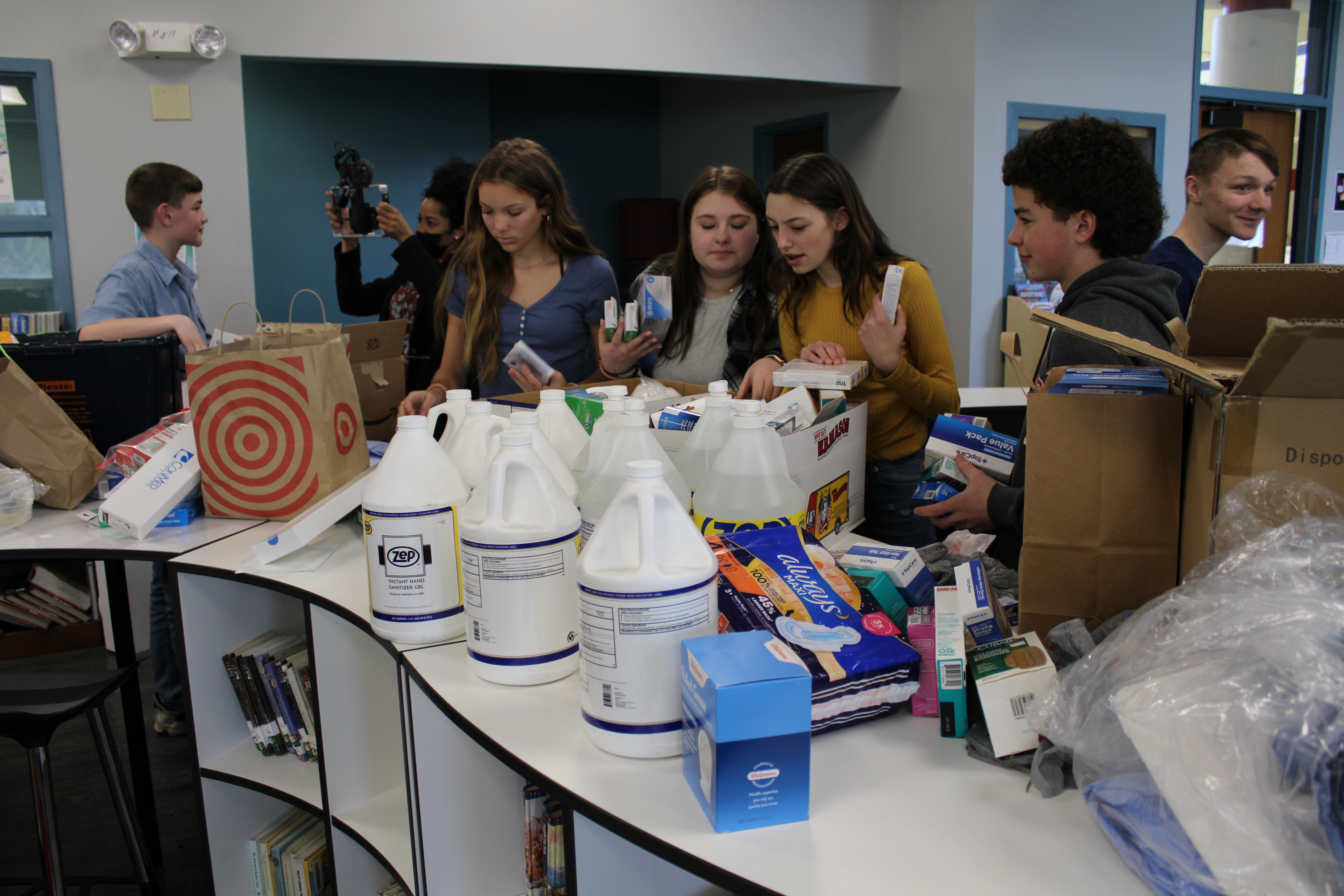 JEMS students organize donated medical items that will be sent to Ukraine