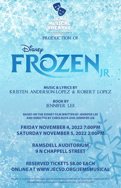 The poster for JEMS' production of Frozen, Jr. - happening on November 4th and 5th, 2022