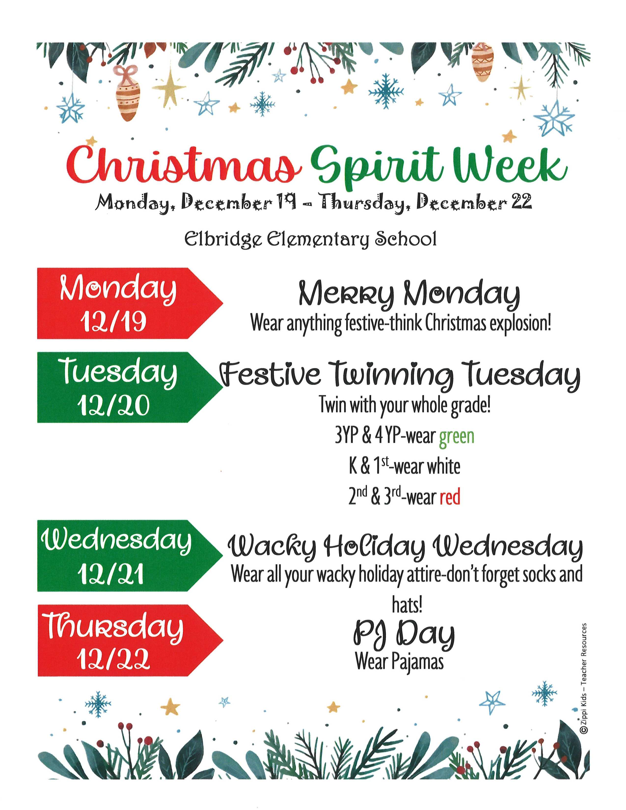 Spirit week schedule planned for the week of December 19th at Elbridge Elementary