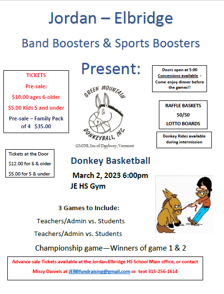 Jordan-Elbridge band and sports boosters will host a donkey basketball tournament on March 2, 2023.